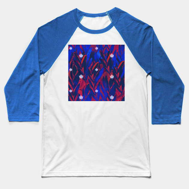 Icy Maple leaves on a deep ruby and sapphire leaf background Baseball T-Shirt by sandpaperdaisy